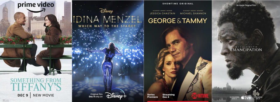 This combination of images shows promotional art for “Something from Tiffany’s,” a film premiering Dec. 9 on Prime Video, from left, the Disney+ documentary “Idina Menzel: Which Way to the Stage?,” "George & Tammy" a Showtime series premiering Dec. 4 and "Emancipation," a film premiering on Apple TV+ on Dec. 9. (Prime Video/Disney+/Showtime/Apple TV+ via AP)