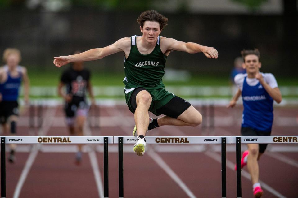 Vincennes Lincoln’s Jordan Donovan wins the 300 meter hurdles during the 2024 Southern Indiana Athletic Conference Boys Track & Field meet at Central High School in Evansville, Ind., Thursday, May 2, 2024.