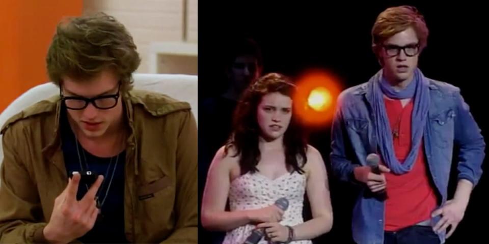 On the left, Cameron Mitchell on the phone. On the right, Lindsay Pearce and Mitchell holding microphones on stage on "The Glee Project"
