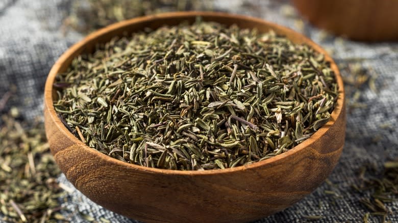 Close-up of a bowl of dried thyme