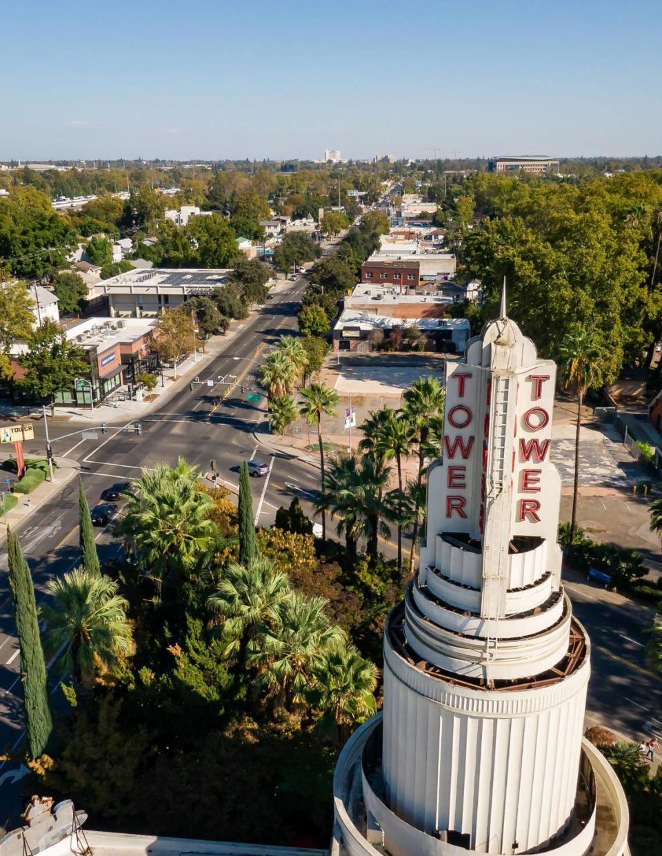 The landmark Tower Theatre sign at Broadway and Land Park Drive in Sacramento.