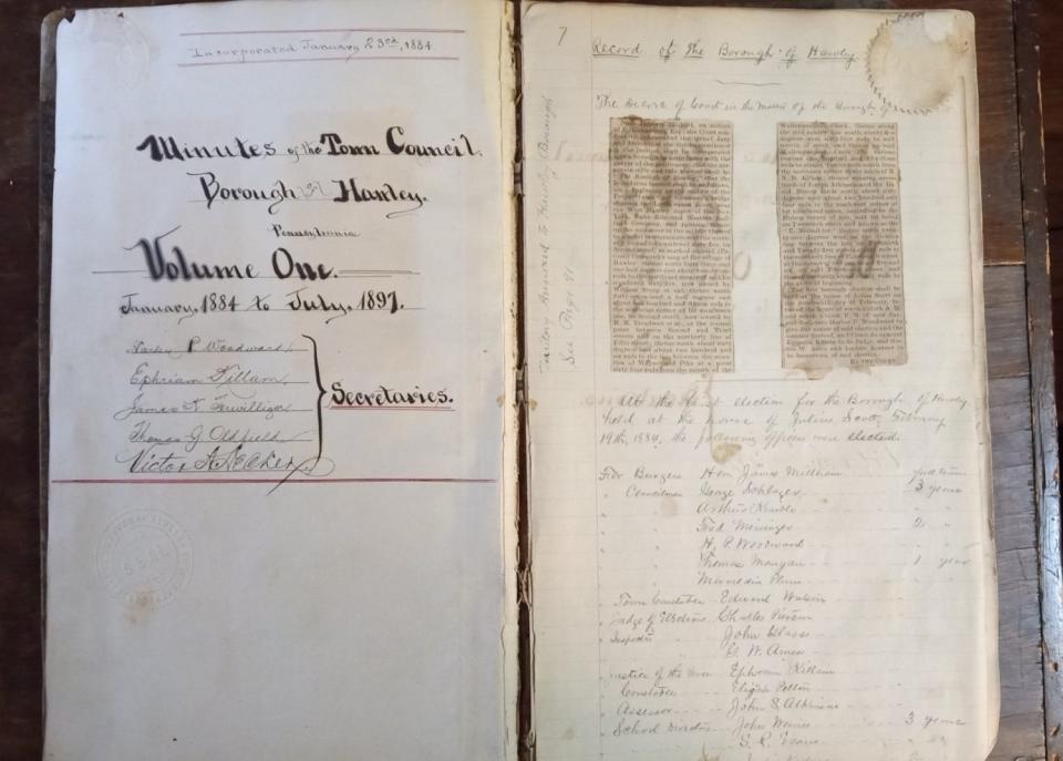 This is the cover sheet and first page of the original Hawley Borough minutes book, which begins with the borough's annexation from Palmyra Township in January 1884 and runs through July 1897. Hawley as a settlement dates from the 1790s and quickly grew as a town with the advent of the D&H canal and Pennsylvania Coal Company gravity railroad operations. The official 200th anniversary of Hawley is in 2027, counting from when the first store opened in 1827.