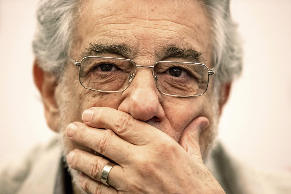 In this Friday, July 12, 2019, photo, Placido Domingo speaks during a news conference about his upcoming show "Giovanna d'Arco" in Madrid, Spain. Eight opera singers and a dancer have told The Associated Press that they were sexually harassed by Domingo, one of the most celebrated and powerful men in opera. The women say the encounters took place over three decades, at venues that included opera companies where he held top managerial positions. (AP Photo/Bernat Armangue)