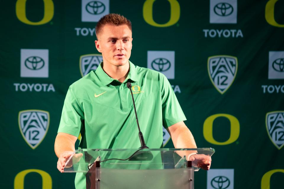 Oregon quarterback Bo Nix speaks during the 2023 Oregon Football Media Day Monday.