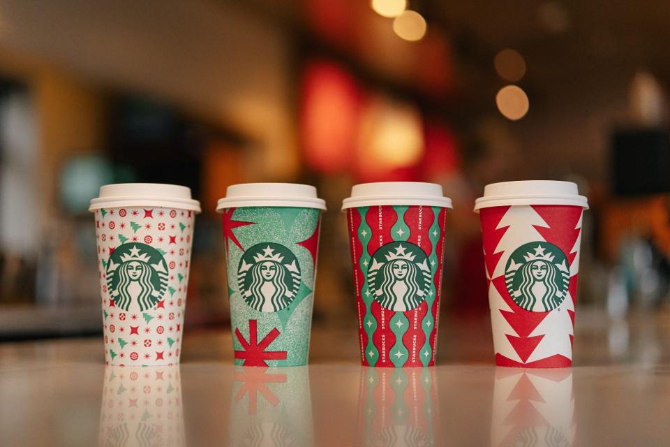Starbucks' 2022 holiday cups, available starting Wednesday, Nov. 3.