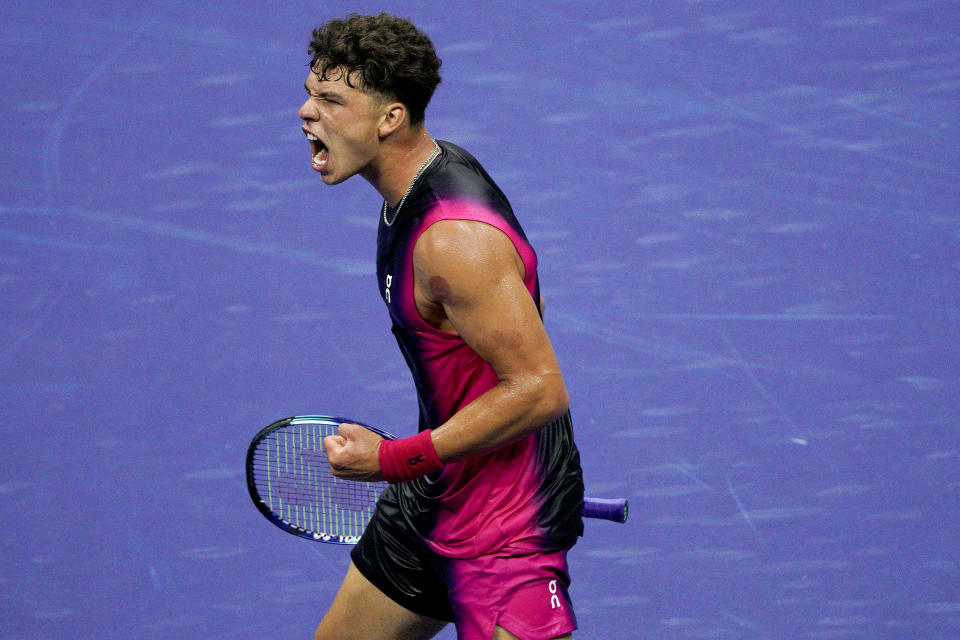 Ben Shelton, of the United States, reacts during a match against Frances Tiafoe, of the United States, during the quarterfinals of the U.S. Open tennis championships, Tuesday, Sept. 5, 2023, in New York. (AP Photo/Eduardo Munoz Alvarez)