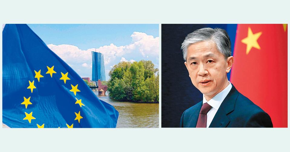 中國外交部發言人汪文斌（右）批評，歐盟以貿易救濟措施發出保護主義訊號，針對中國企業，損害的卻是歐盟形象。（法新社及路透資料圖片）