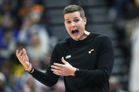 Utah Jazz head coach Will Hardy reacts during the first half of the team's NBA basketball game against the Minnesota Timberwolves on Friday, Dec. 9, 2022, in Salt Lake City. (AP Photo/Rick Bowmer)