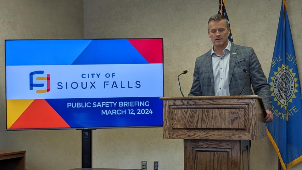 Mayor Paul TenHaken talks at Crime Statistics Press Conference 10:30 a.m. Tuesday, March 12, 2024, at the Law Enforcement Center in Sioux Falls.