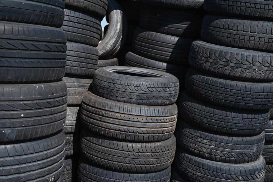 08 May 2020, Bavaria, Hallstadt: Old tyres are piling up on the premises of a car recycling centre. Photo: Nicolas Armer/dpa (Photo by Nicolas Armer/picture alliance via Getty Images)