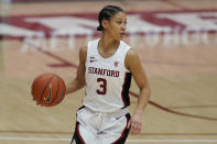 Stanford guard Anna Wilson (3) dribbles against California during the first half of an NCAA college basketball game in Stanford, Calif., Sunday, Feb. 28, 2021. (AP Photo/Jeff Chiu)