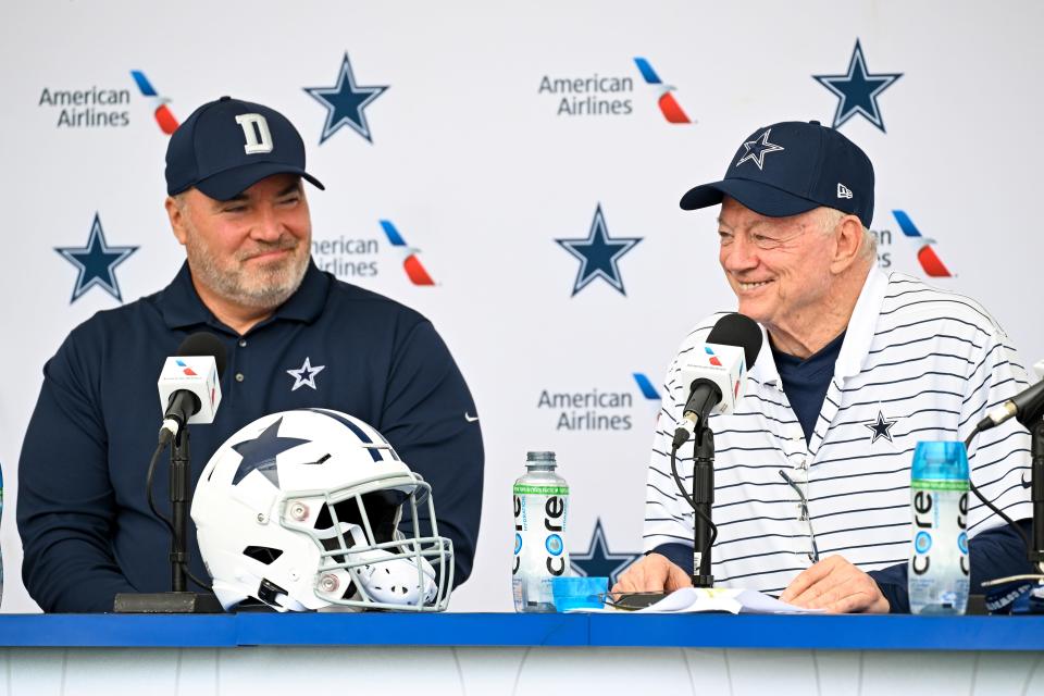The Dallas Cowboys will play the Tampa Bay Buccaneers on Monday night with coach Mike McCarthy (left) leading the way. Jerry Jones says his coach's job is not in jeopardy.