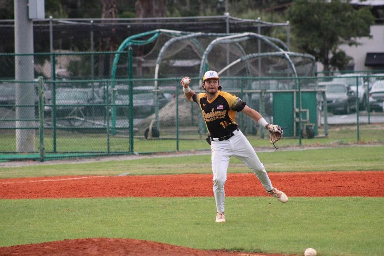 Leesburg Lightning third baseball Quinn Petty makes a throw Saturday against the Winter Park Diamond Dawgs at Orlando Lake Highland Prep.