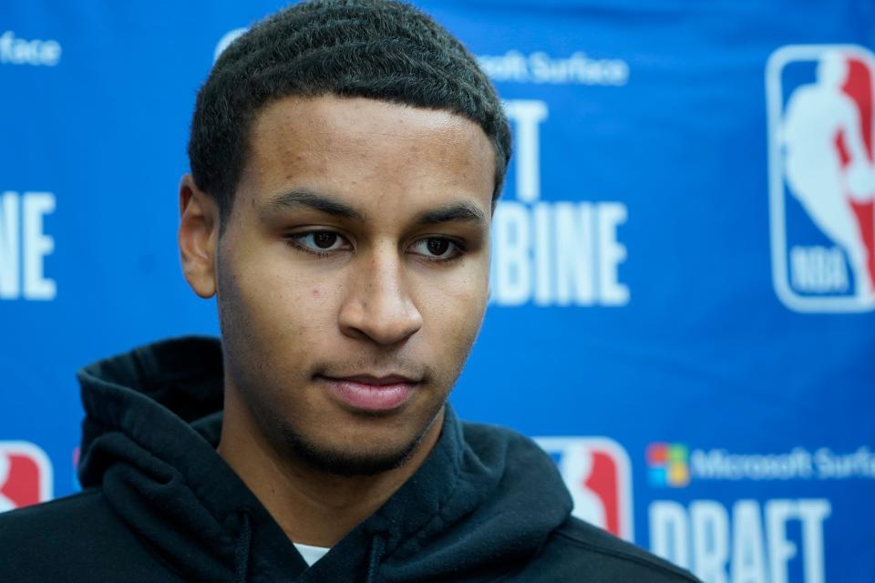 Kris Murray talks to the media during the 2023 NBA Draft Combine at Wintrust Arena in Chicago.