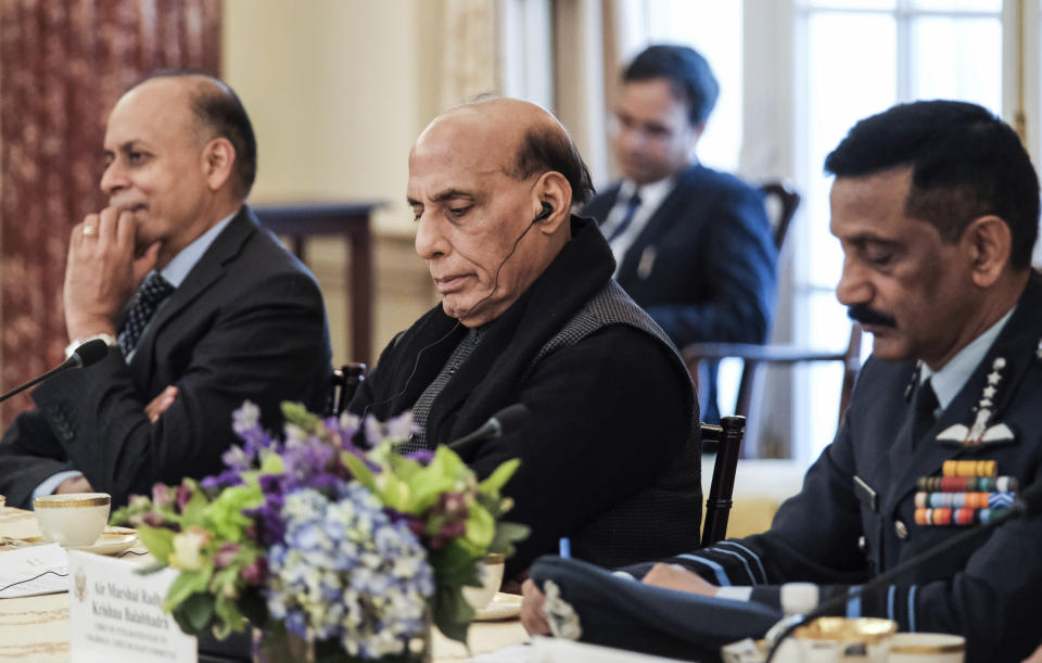 India's Defense Minister Rajnath Singh speaks during the fourth U.S.-India 2+2 Ministerial Dialogue at the State Department in Washington, Monday, April 11, 2022. (Michael A. McCoy/Pool via AP)