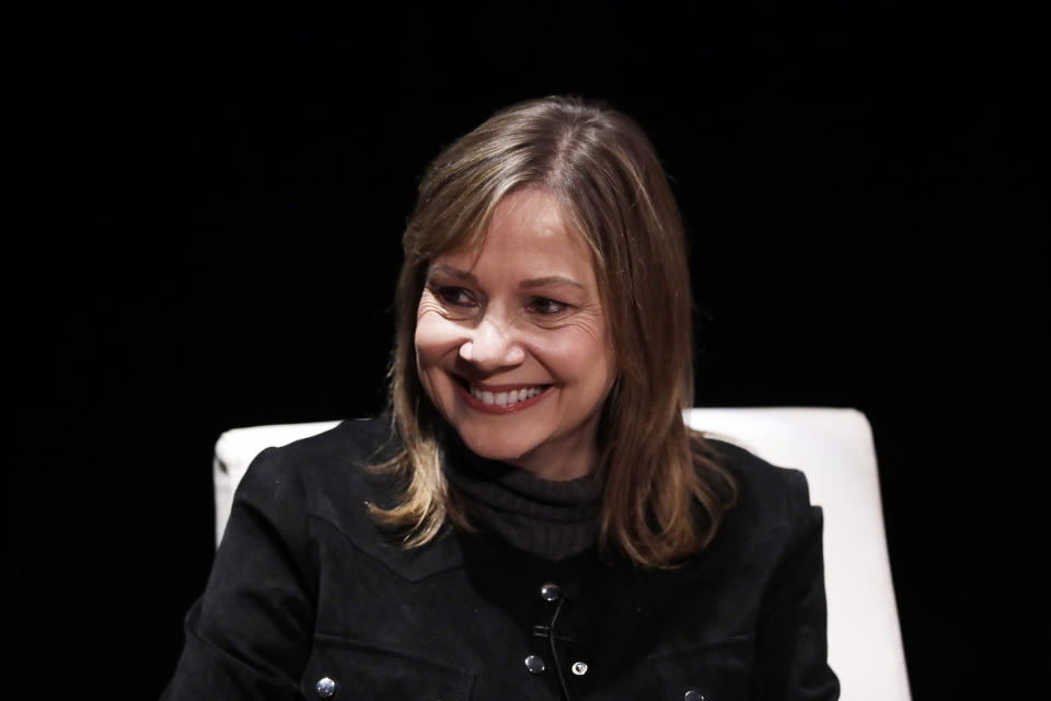 FILE- In this Dec. 11, 2017, file photo, General Motors Chairman and CEO, Mary Barra, is interviewed by Cox Automotive's Michelle Krebs during an Automotive Press Association event in Detroit. At $21.9 million, Barra was third highest-paid female CEO for 2017, as calculated by The Associated Press and Equilar, an executive data firm. (AP Photo/Carlos Osorio, File)