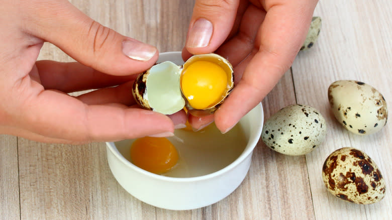 hands cracking quail egg