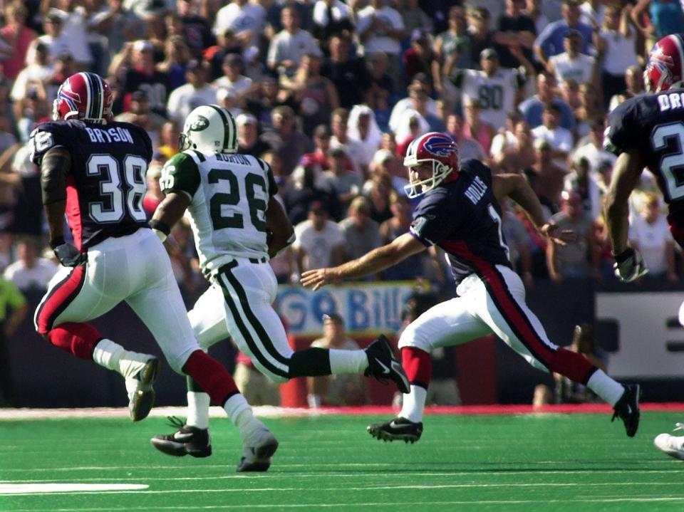 Bills kicker Mike Hollis was the last chance to catch Jets returner Chad Morton as he ran back the kickoff in overtime to give the Jets a 37-31 victory in the 2002 season opener.