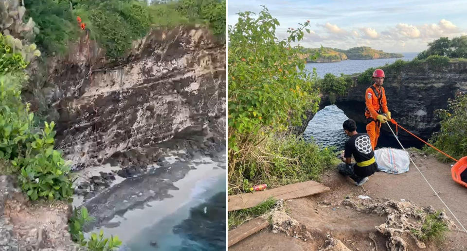 Rescuers repel down cliff to retrieve the body of a tourist who fell while taking a selfie.