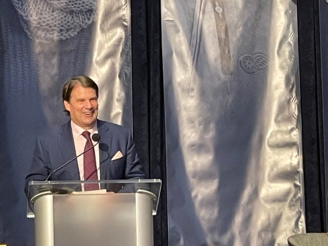 Ford CEO Jim Farley speaks to a crowd at the annual gala benefiting Pope Francis Center on Thursday, April 20, 2023 at Ford Field in Detroit.