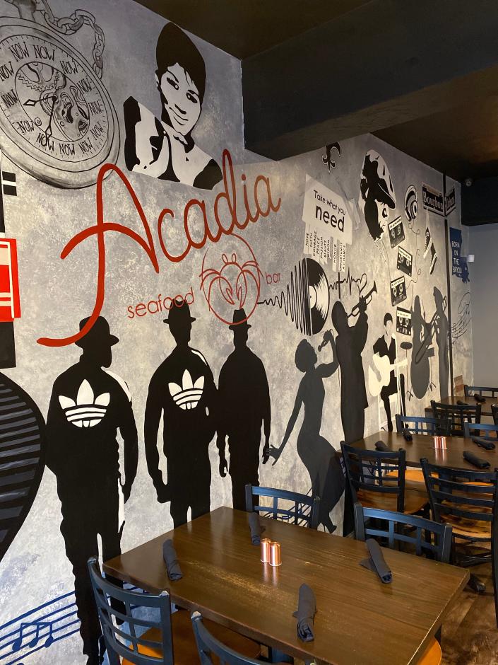 A view of a wall mural at Acadia Seafood &amp; Bar in Taunton. Owner Eddie Odney renovated the space and designed the restaurant interior. He lost a battle with non-Hodgkin T-cell lymphoma on Feb. 6, 2022.