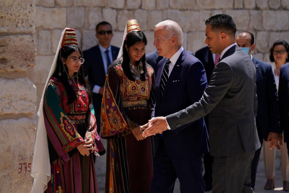 President Joe Biden arrives for a visit at the Church of the Nativity, traditionally believed to be the birthplace of Jesus Christ, at the West Bank town of Bethlehem (AP)