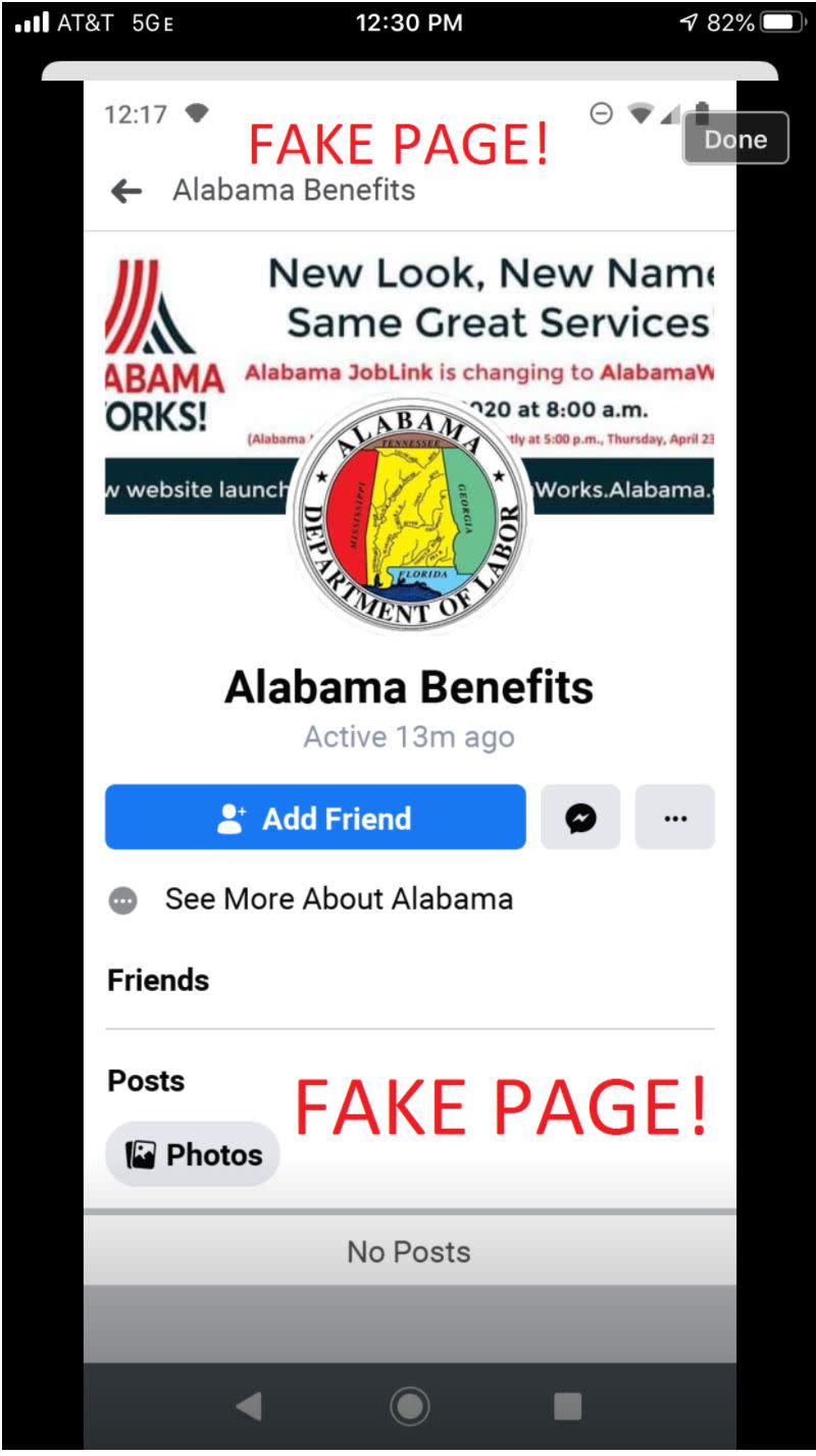 This scam social media page purported to originate with the Alabama Department of Labor. (Photo: <a href="https://www.labor.alabama.gov/news_feed/News_Page.aspx?id=236" target="_blank">Alabama Department Of Labor </a>)