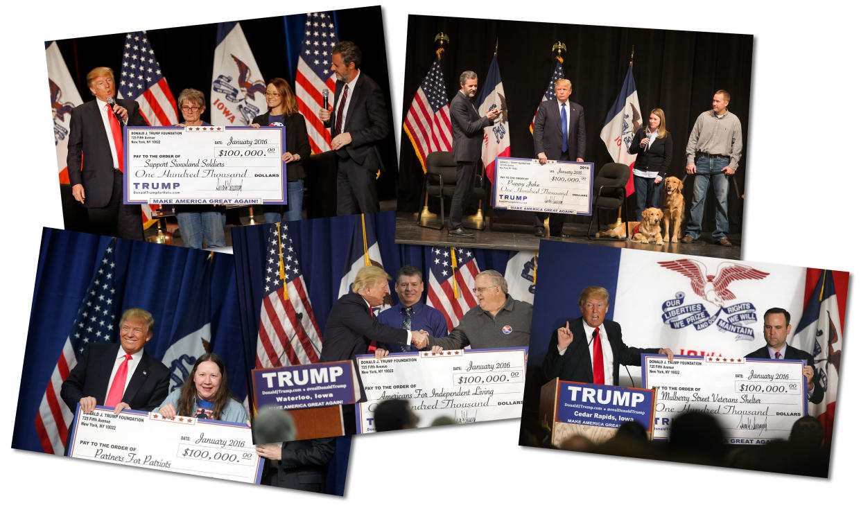 Trump presented many checks in Iowa from the Donald J. Trump Foundation just days ahead of the Feb. 1, 2016, Iowa caucus. (Photos, clockwise from top left: Patrick Semansky/AP, Scott Olson/Getty Images, Patrick T. Fallon/Bloomberg via Getty Images (2), Luke Sharrett/Bloomberg via Getty Images)