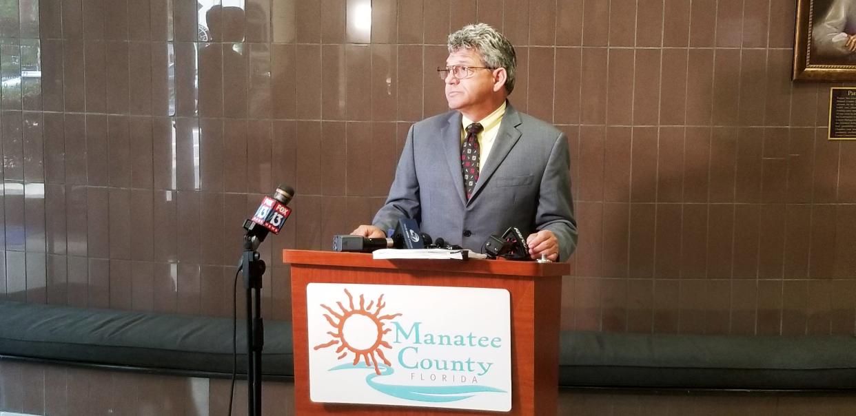 Manatee County Administrator Scott Hopes addresses the media, speaking about findings by the Division of Inspector General's findings of favoritism at the county's Building and Development Services Department under former director John Barnott.