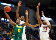 <p>Stef Smith #0 of the Vermont Catamounts goes up for a shot in front of M.J. Walker #23 and Trent Forrest #3 of the Florida State Seminoles during their first round game of the 2019 NCAA Men’s Basketball Tournament at XL Center on March 21, 2019 in Hartford, Connecticut. (Photo by Maddie Meyer/Getty Images) </p>