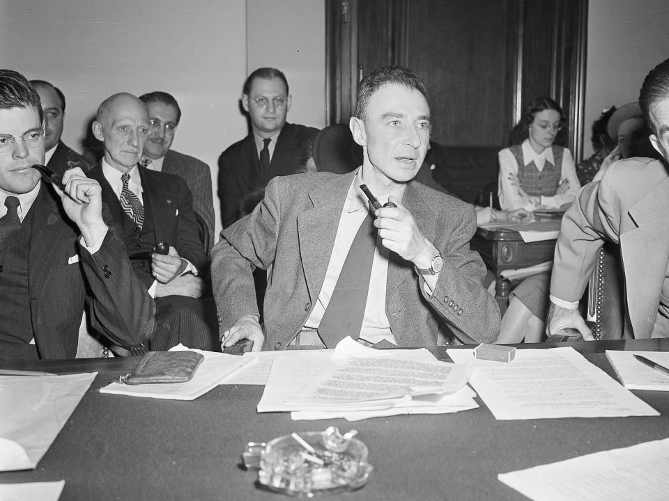 J. Robert Oppenheimer testifying before the Senate in October 1945.
