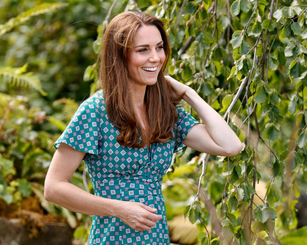 LONDON, UNITED KINGDOM - JULY 01: (EMBARGOED FOR PUBLICATION IN UK NEWSPAPERS UNTIL 24 HOURS AFTER CREATE DATE AND TIME) Catherine, Duchess of Cambridge visits the RHS Hampton Court Palace Garden Festival to view the RHS 'Back to Nature Garden' which she co-designed at Hampton Court Palace on July 1, 2019 in London, England. (Photo by Max Mumby/Indigo/Getty Images)