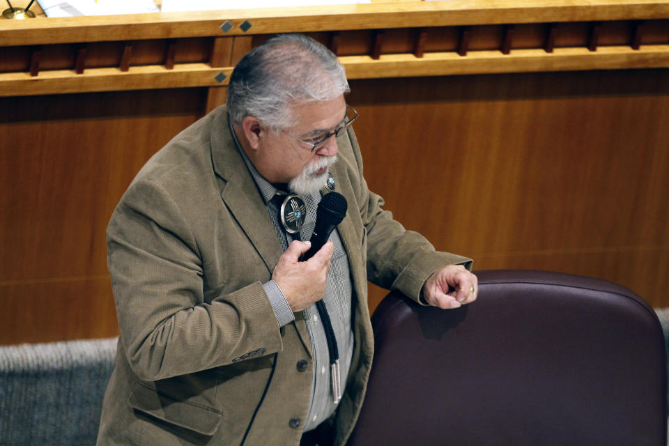 State Sen. David Gallegos, R-Eunice, criticizes a bill that would shore up abortion access statewide amid a flurry of local anti-abortion ordinances, Tuesday, March 7, 2023, at the Capitol building in Santa Fe, N.M. A 23-15 vote of the Senate nearly ensures the bill will reach the desk of supportive Democratic Gov. Michelle Lujan Grisham. New Mexico has one of the country's most liberal abortion access laws, but two local counties and three cities including Eunice have recently adopted abortion restrictions that reflect deep-seated opposition to the procedure. (AP Photo/Morgan Lee)