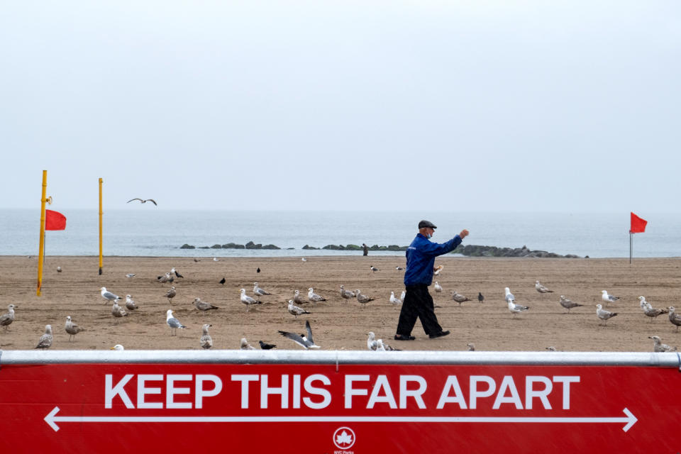 Image: A man feeds seagulls at an empty Coney Island beach in Brooklyn, N.Y., on May 23. (Jeenah Moon / Reuters)