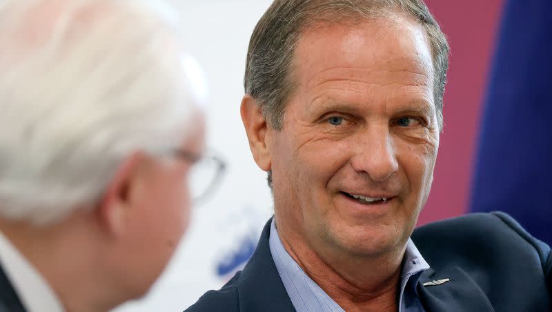 Rep. Chris Stewart, R-Utah, right, speaks with Rick Larsen, Sutherland Institute president and CEO, during Sutherland Institute’s 2023 Congressional Series at the Hinckley Institute of Politics at the University of Utah in Salt Lake City on Aug. 3, 2023.