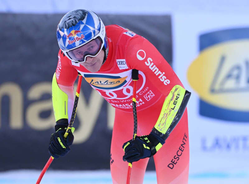 Switzerland's Marco Odermatt reacts after his run during the men's Super G event of the FIS Alpine Skiing World Cup in Garmisch-Partenkirchen. Angelika Warmuth/dpa