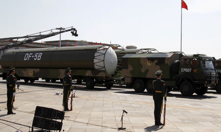 FILE PHOTO - Military missiles are presented during a military parade marking the 70th Anniversary of the 'Victory of Chinese People's Resistance against Japanese Aggression and World Anti-Fascist War' at Tiananmen Square in Beijing, China, September 3, 2015. Rolex Dela Pena/Pool via REUTERS/File Photo