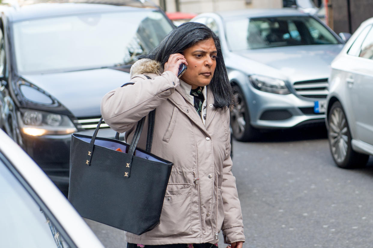 LONDON, ENGLAND - NOVEMBER 17:Rupa Huq MP attempts to get a taxi to leave the BBC while being followed by anti semitism activists before having to go inside to get away from their cameras at BBC Broadcasting House on November 17, 2019 in London, England. (Photo by Ollie Millington/Getty Images)