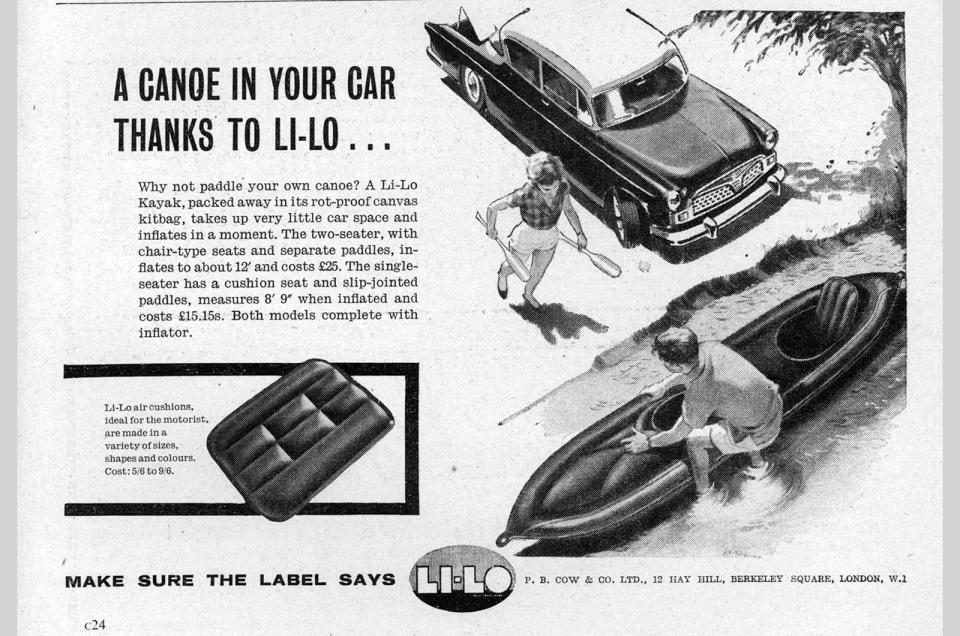 <p>It's the accessory that every motorist needs – an inflatable canoe that you can carry in the boot in case you need to traverse a river at any time. This advert is from 1960, and if you buy the full kit at £25, that works out at £565 in today's money, so this wasn't a cheap accessory.</p>