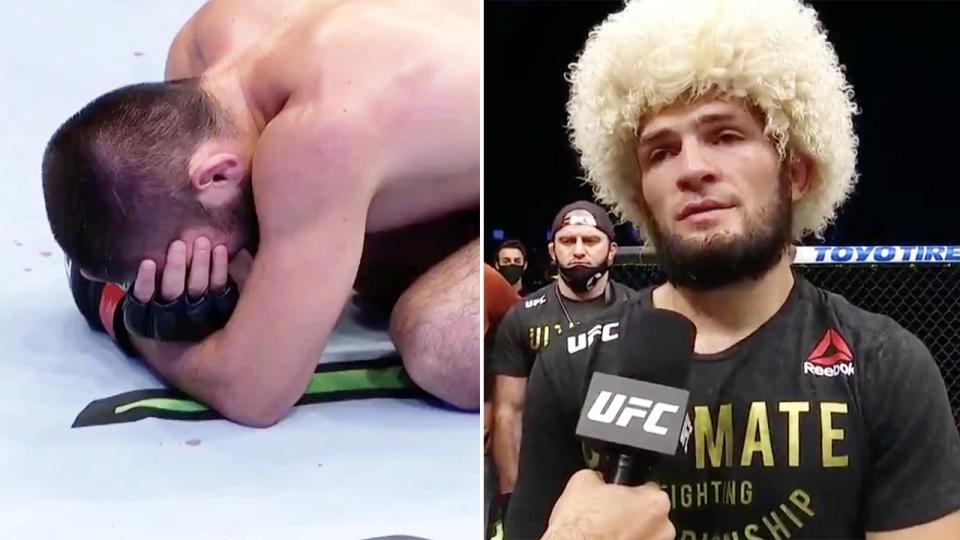Khabib Nurmagomedov, pictured here announcing his retirement after winning at UFC 254.