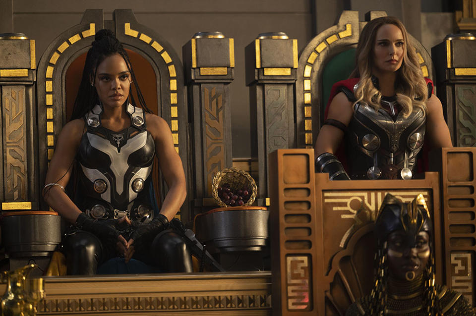 Tessa Thompson (left) as Valkyrie and Natalie Portman as Mighty Thor in Marvel Studios’ Thor: Love and Thunder. - Credit: Jasin Boland/Marvel Studios