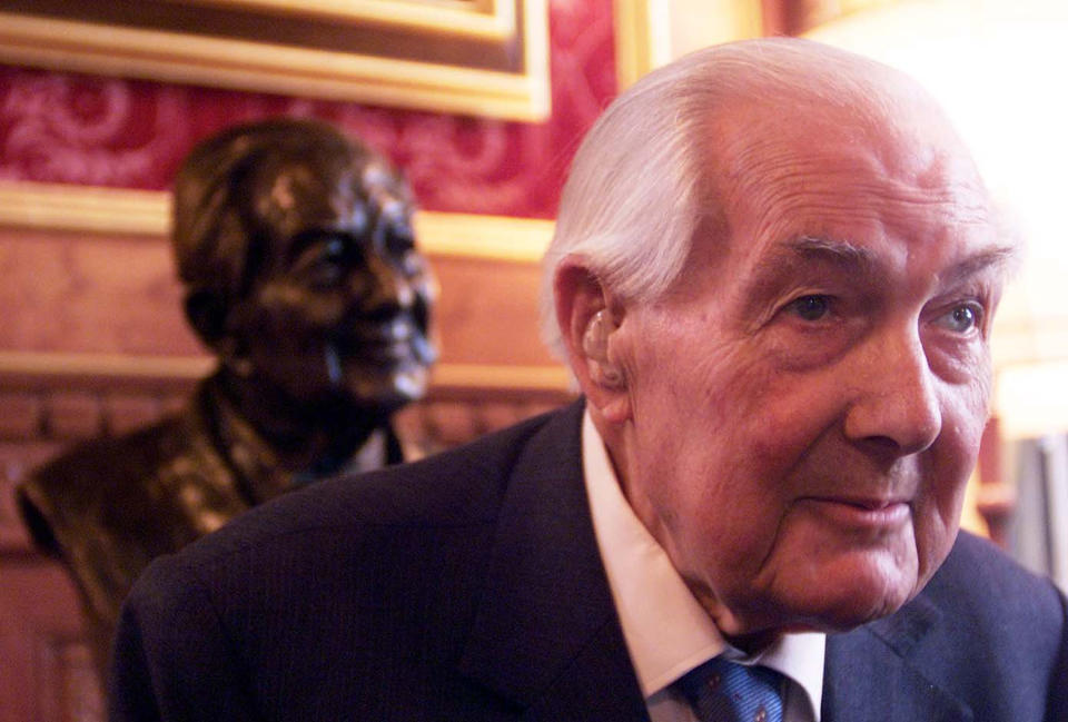 MARCH 27: Sir James Callaghan at the unveiling of his bust in the House of Commons. Today is the birthday of Sir James, who served as British Prime Minister, 1976-79.   James Callaghan ex Labour Prime minister attending the unveiling of his bust by artist Ian Walters, in the House of Commons, London. The actual unveiling was performed by Prime Minister Tony Blair.   (Photo by Sean Dempsey - PA Images/PA Images via Getty Images)