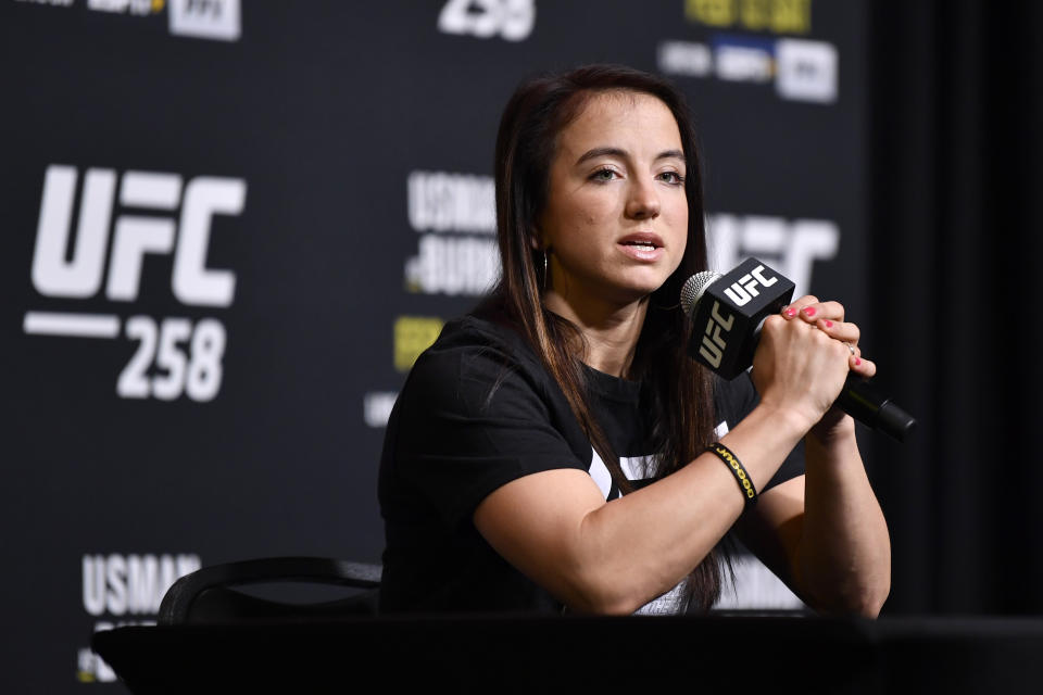 LAS VEGAS, NEVADA - FEBRUARY 10:  Maycee Barber speaks to the media during the UFC 258 Media Day at UFC APEX on February 10, 2021 in Las Vegas, Nevada. (Photo by Chris Unger/Zuffa LLC)