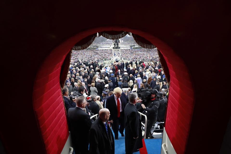 <p>Presidnet Donald J. Trump leaves the West Front of the United States Capitol after being sworn in as President of the United States on January 20, 2017 in Washington, DC. (Photo: Doug Mills – Pool/Getty Images) </p>