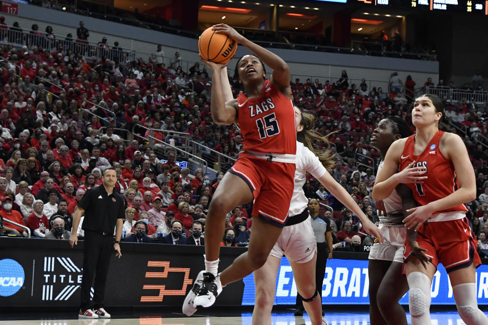 Gonzaga forward Yvonne Ejim (15) drives in for a layup during the first half of a women's NCAA tournament college basketball second-round game against Louisville in Louisville, Ky., Sunday, March 20, 2022. (AP Photo/Timothy D. Easley)