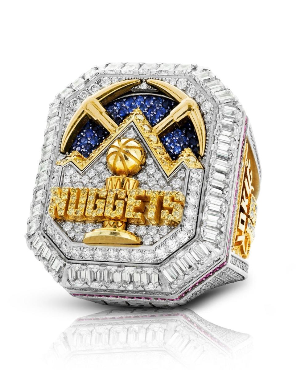 A front view of the Denver Nuggets' 2023 NBA championship rings, created in collaboration with Jason of Beverly Hills.