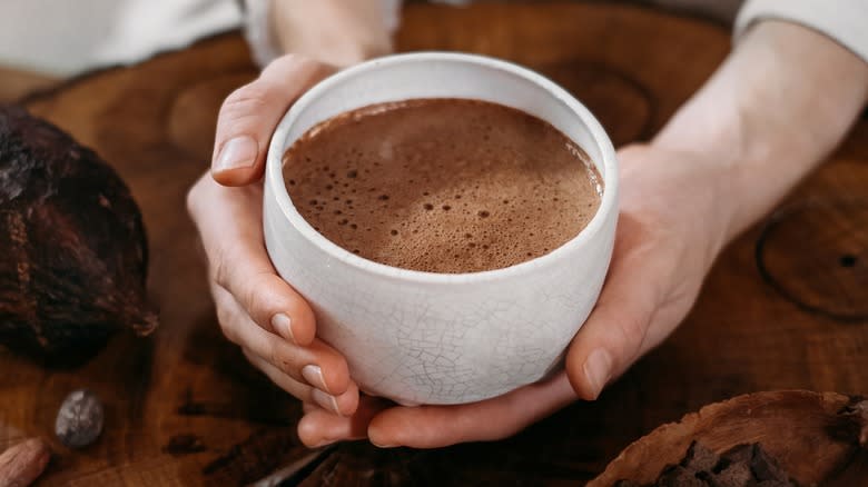 Hands holding hot cocoa mug