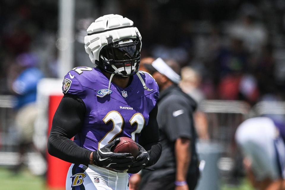 Jul 27, 2024; Owings Mill , MD, USA; Baltimore Ravens running back Derrick Henry (22) after a drill during the afternoon session of training camp at the Under Armour Performance Center, Mandatory Credit: Tommy Gilligan-USA TODAY Sports ORG XMIT: IMAGN-891784 ORIG FILE ID: 20240727_twg_gb3_033.JPG