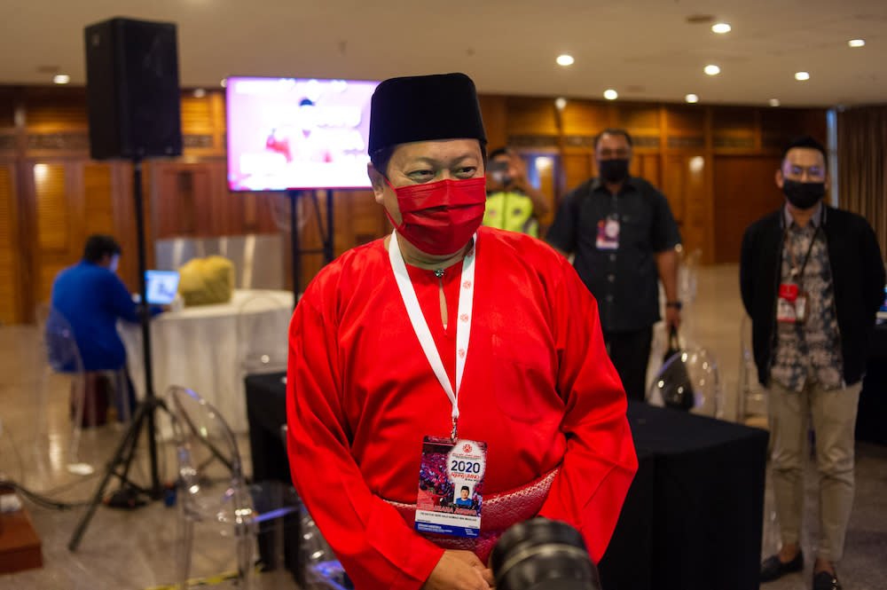 Umno secretary-general, Datuk Seri Ahmad Maslan is pictured during the 2020 Umno annual general meeting in Kuala Lumpur on March 28, 2021. ― Picture by Shafwan Zaidon