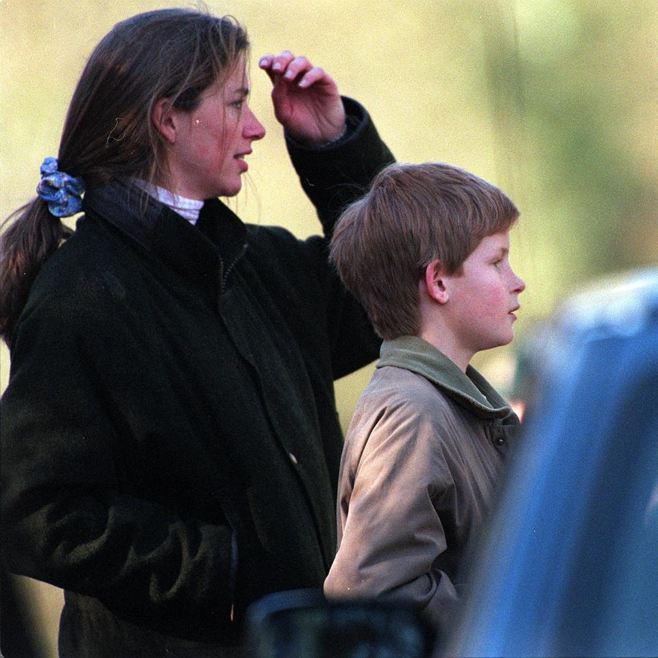 MALMESBURY-MARCH: (FILE PHOTO) Prince Harry  and Tiggy Legge-Bourke watch Charles, Prince of Wales, take part in the Beaufort Hunt in March 1997  in Malmesbury, England. (Photo by Anwar Hussein/Getty Images)  